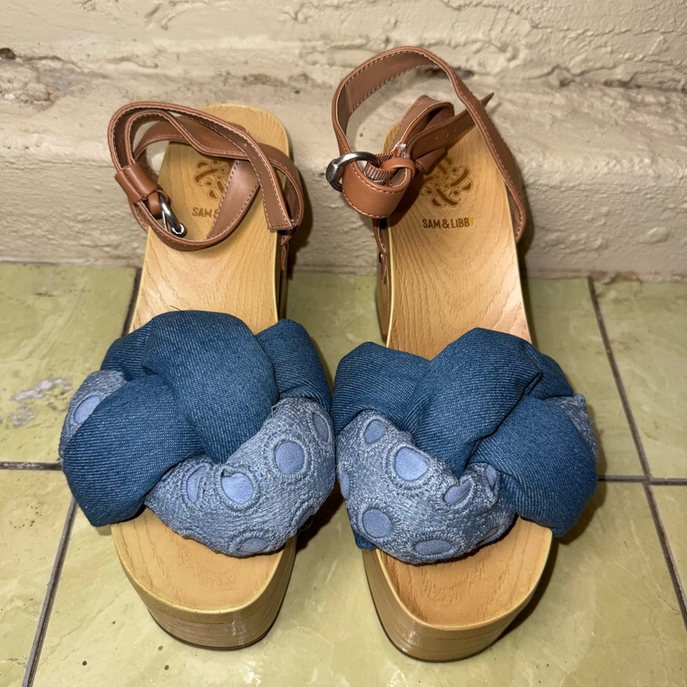 Sam & Libby Denim Knot Platform Clog Sandals Wood Heel Boho Size 8.5 Retro - Picture 4 of 12